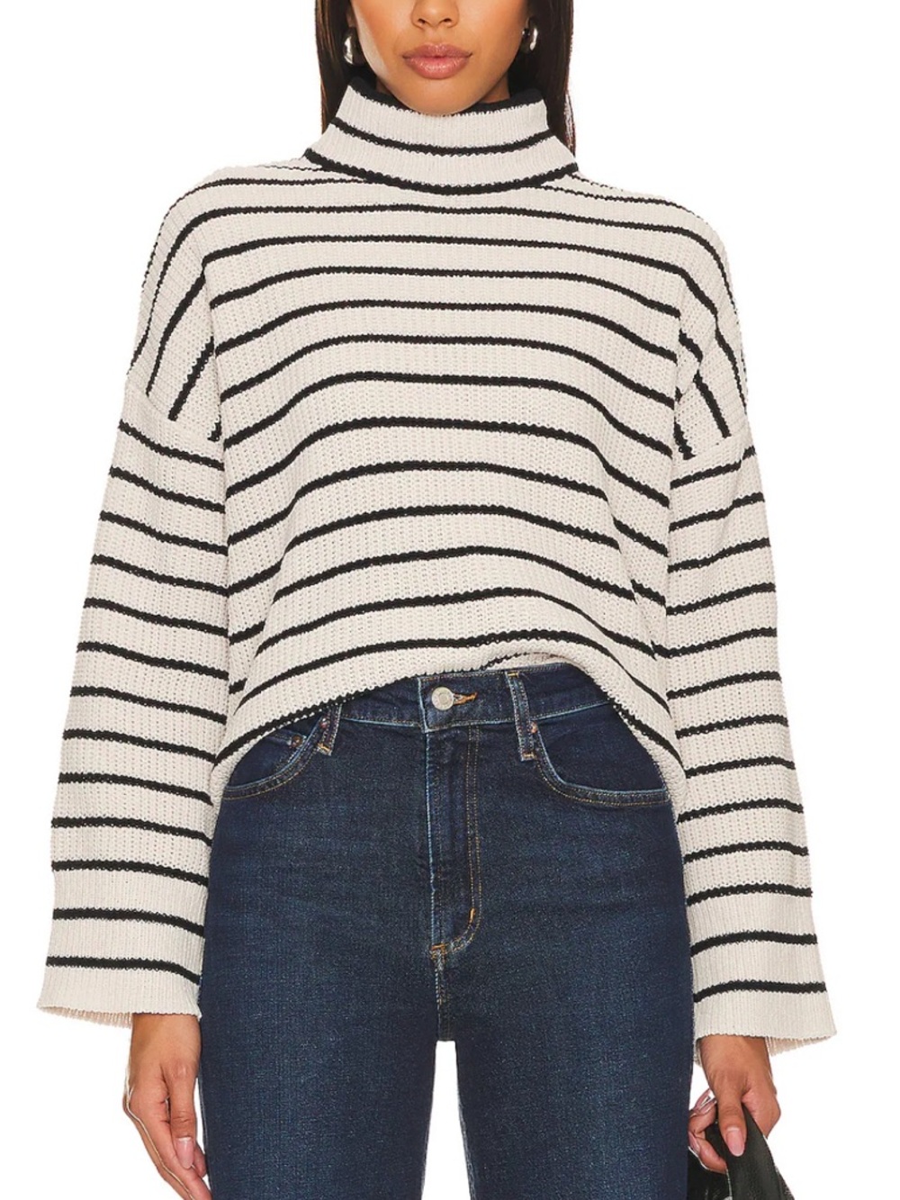 Sanctuary Stay Cozy Sweater Cream & Black Striped Mock Neck Size XS